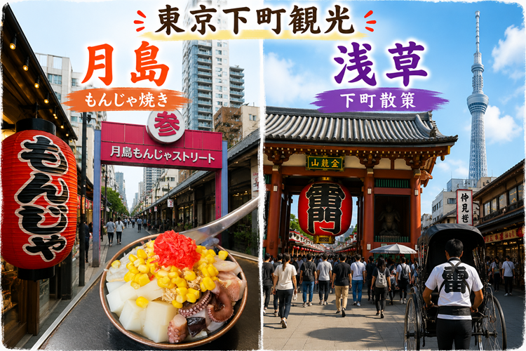 月島でもんじゃ、浅草で食べ歩き！東京下町観光旅行